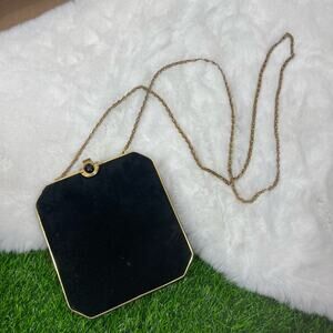 Vintage Lisette New York Black Faux Suede & Gold Tone Metal Long Chain Purse